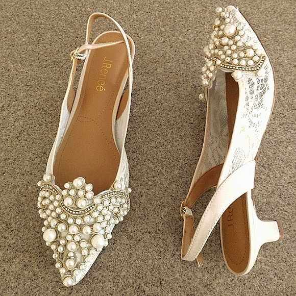 New w/Box J. Renee Strovanni Lace & Beaded Faux Pearl Kitten Heel Slingback Pump - Picture 6 of 7